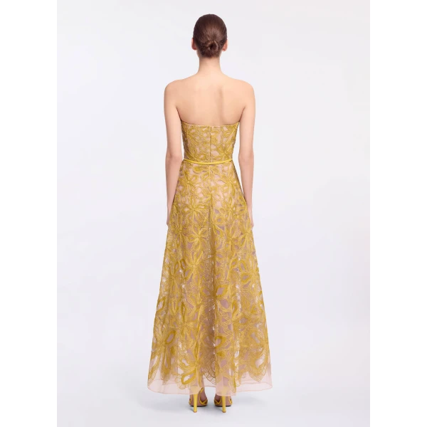 Elie Saab Floral Embroidered Strapless Dress in Yellow featuring Floral Yarn Embroidery – Luxury Designer Fashion at Coveti.