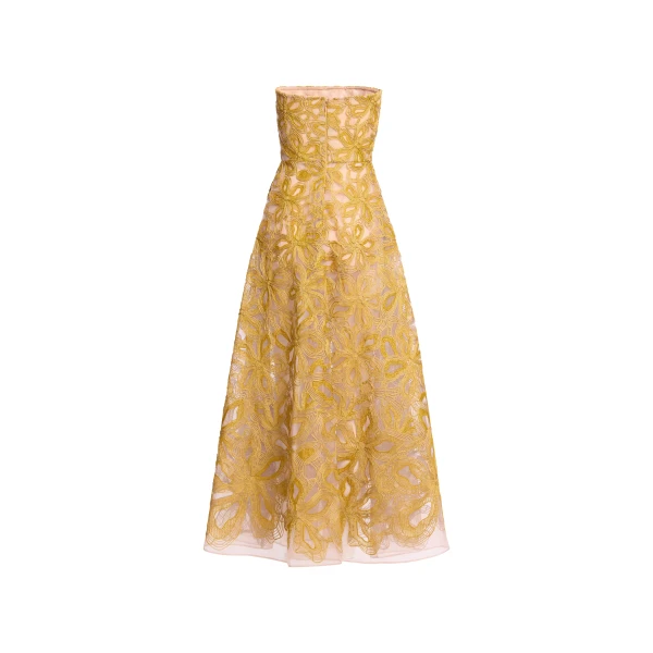 Elie Saab Floral Embroidered Strapless Dress in Yellow featuring Floral Yarn Embroidery – Luxury Designer Fashion at Coveti.