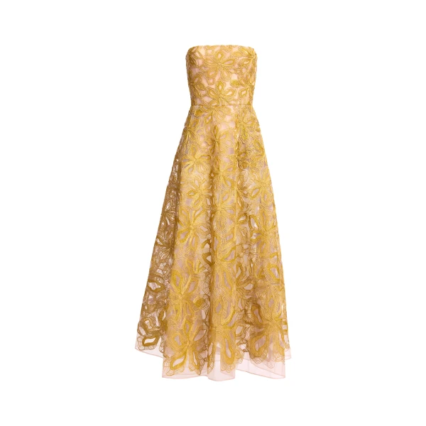 Elie Saab Floral Embroidered Strapless Dress in Yellow featuring Floral Yarn Embroidery – Luxury Designer Fashion at Coveti.