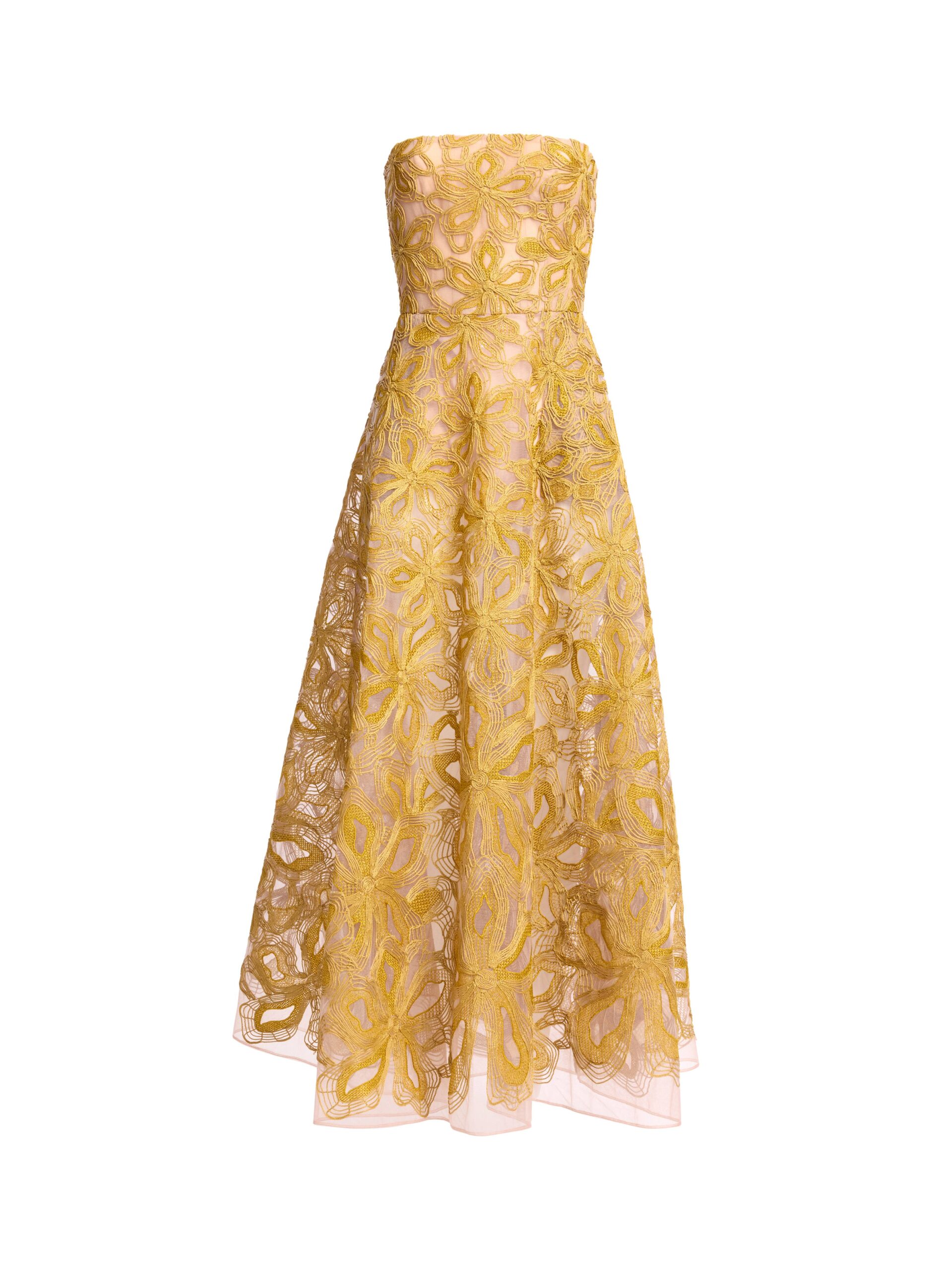 Elie Saab Floral Embroidered Strapless Dress in Yellow featuring Floral Yarn Embroidery – Luxury Designer Fashion at Coveti.