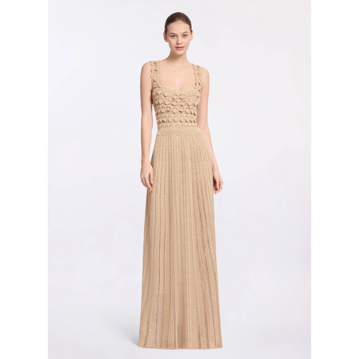 Elie Saab Gold Crochet Dress in Gold featuring Scoop Neck – Luxury Designer Fashion at Coveti.