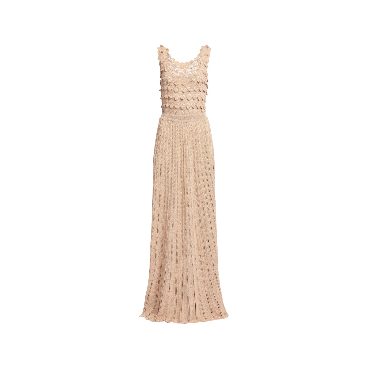 Elie Saab Gold Crochet Dress in Gold featuring Scoop Neck – Luxury Designer Fashion at Coveti.