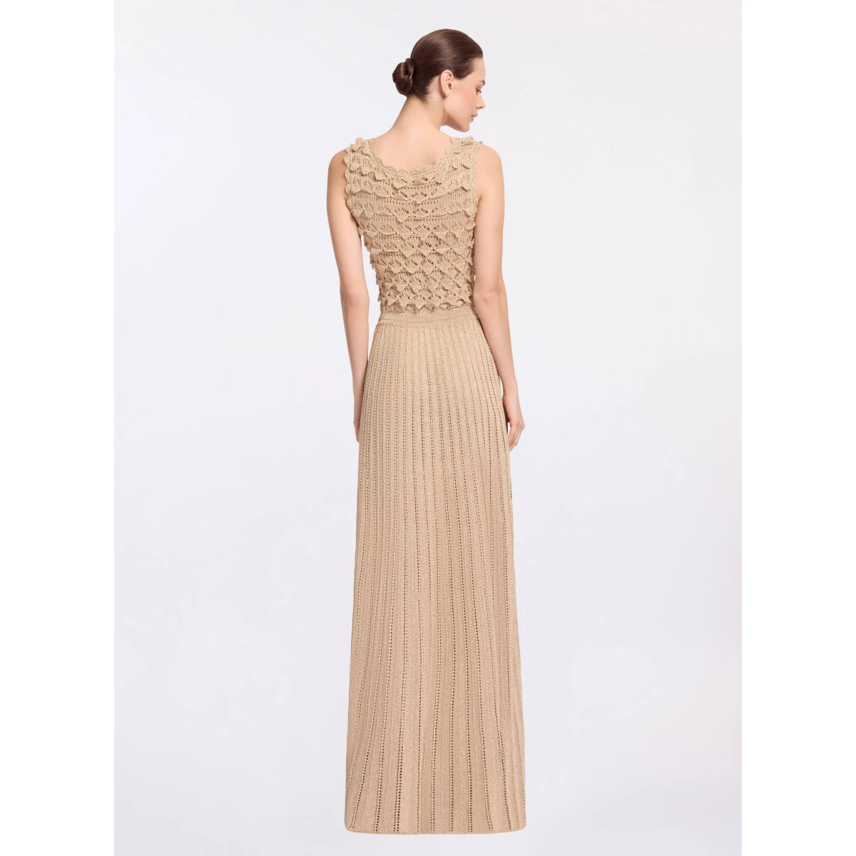 Elie Saab Gold Crochet Dress in Gold featuring Scoop Neck – Luxury Designer Fashion at Coveti.