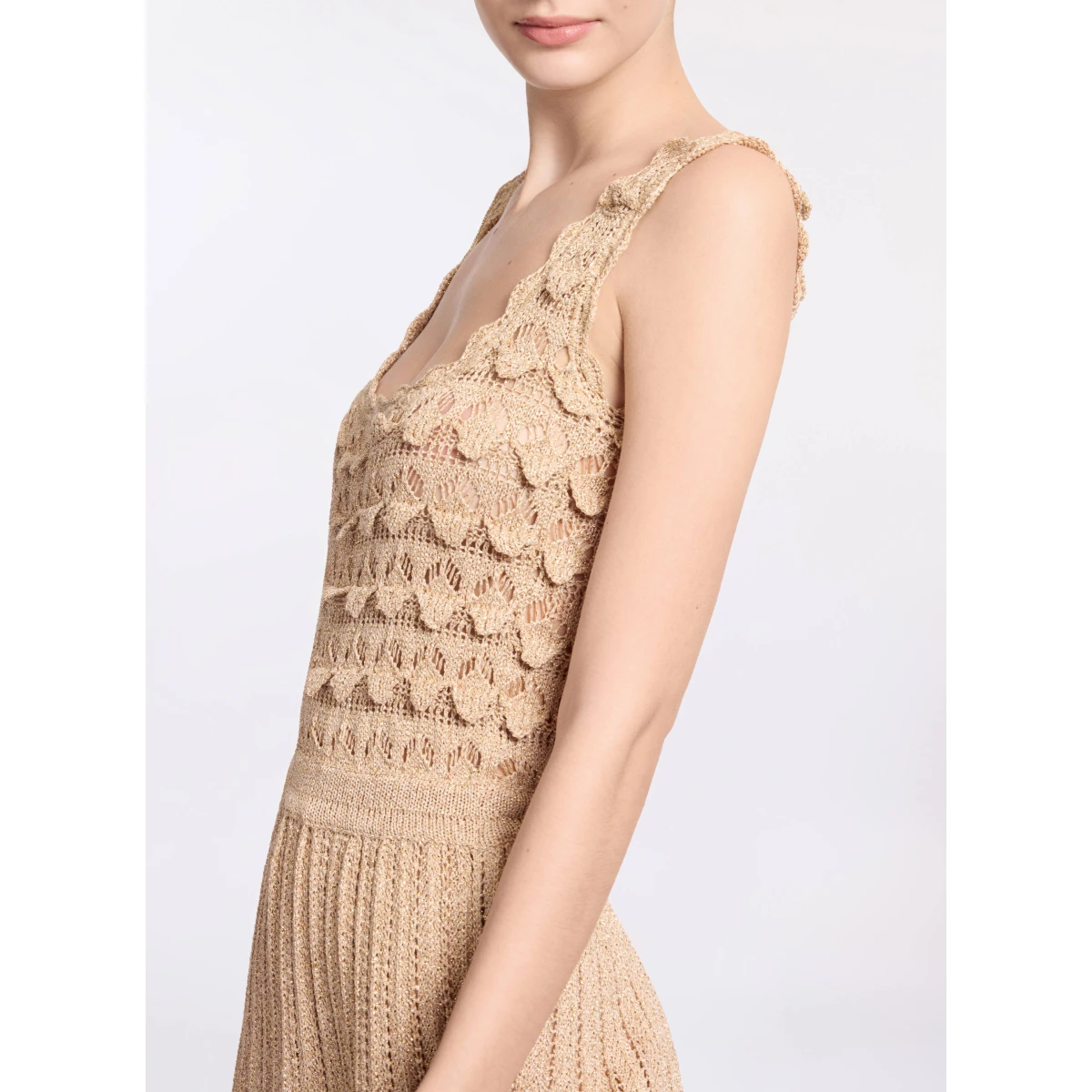 Elie Saab Gold Crochet Dress in Gold featuring Scoop Neck – Luxury Designer Fashion at Coveti.