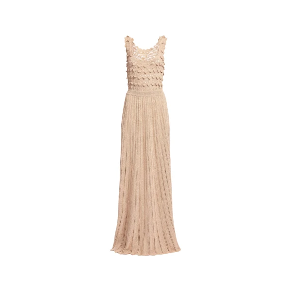 Elie Saab Gold Crochet Dress in Gold featuring Scoop Neck – Luxury Designer Fashion at Coveti.