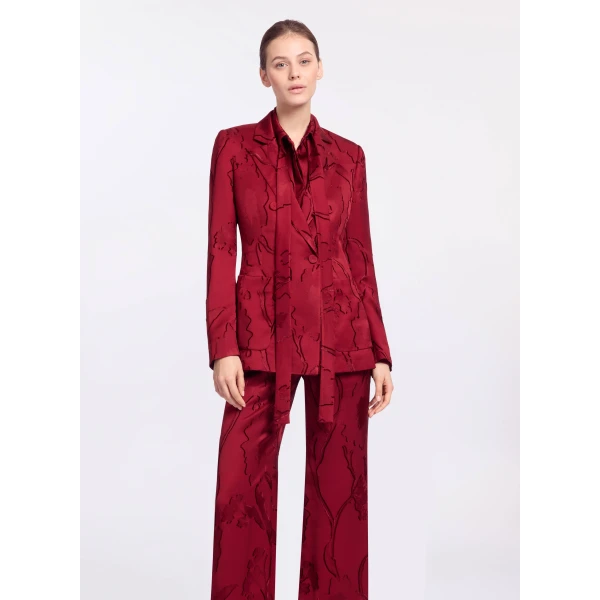 Elie Saab Jacquard Blazer in Red featuring Tailored Collar & Lapel – Luxury Designer Fashion at Coveti.