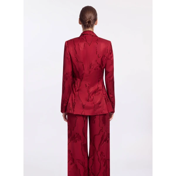 Elie Saab Jacquard Blazer in Red featuring Tailored Collar & Lapel – Luxury Designer Fashion at Coveti.