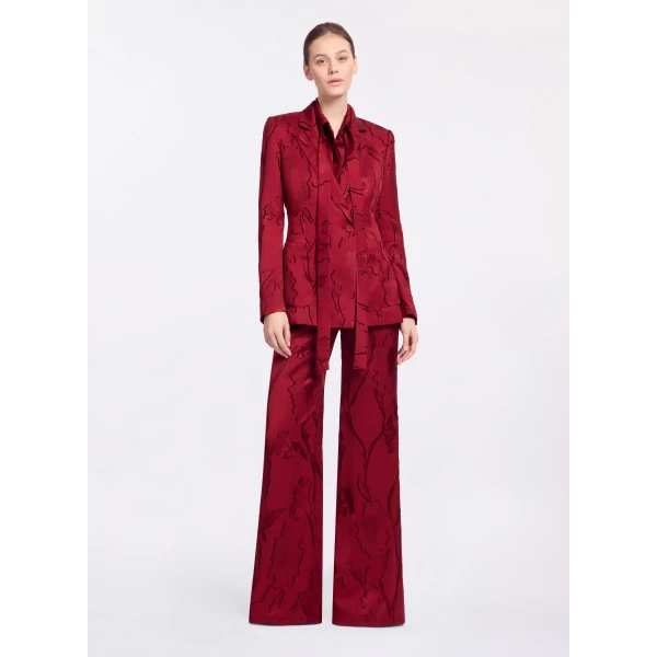 Elie Saab Jacquard Blazer in Red featuring Tailored Collar & Lapel – Luxury Designer Fashion at Coveti.