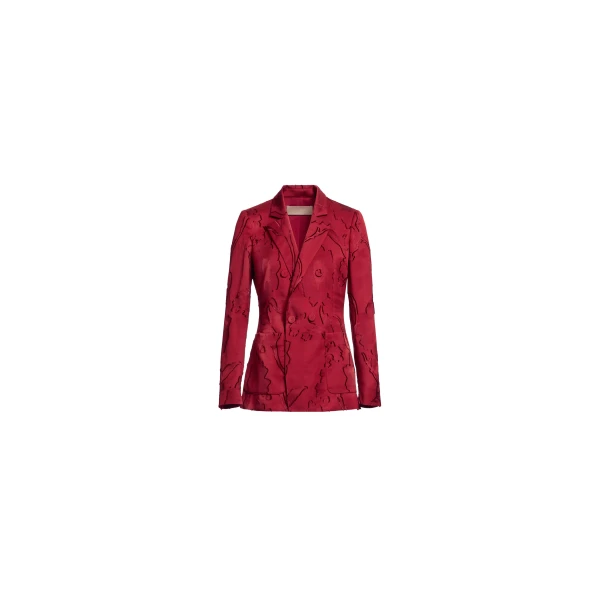 Elie Saab Jacquard Blazer in Red featuring Tailored Collar & Lapel – Luxury Designer Fashion at Coveti.