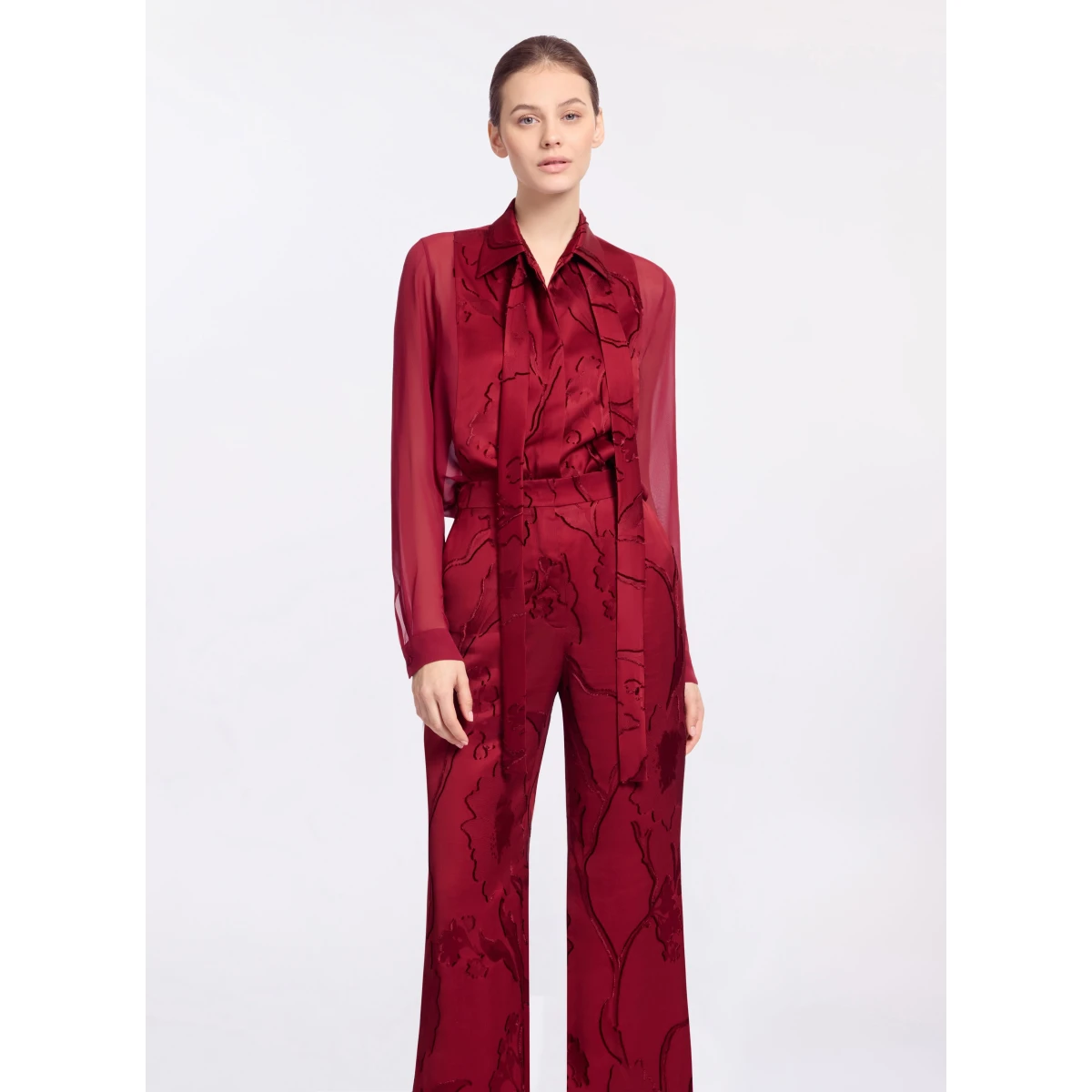 Elie Saab Jacquard & Silk Shirt in Red featuring Jacquard Front Panel & Collar – Luxury Designer Fashion at Coveti.