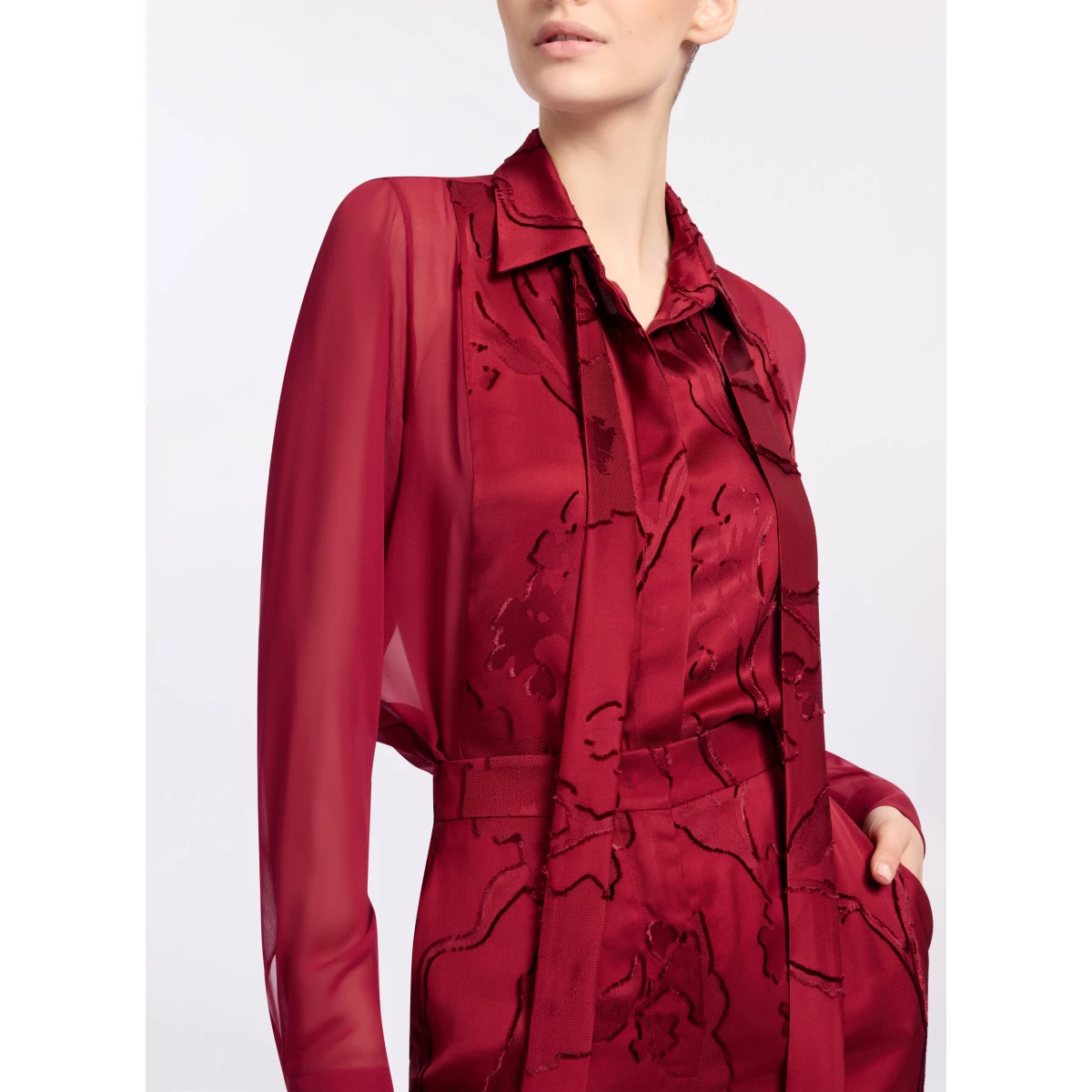 Elie Saab Jacquard & Silk Shirt in Red featuring Jacquard Front Panel & Collar – Luxury Designer Fashion at Coveti.