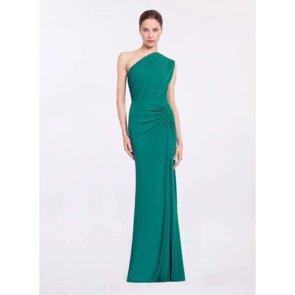 Elie Saab Jersey Long Dress in Green featuring Asymmetrical Draping – Luxury Designer Fashion at Coveti.