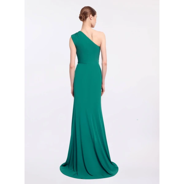 Elie Saab Jersey Long Dress in Green featuring Asymmetrical Draping – Luxury Designer Fashion at Coveti.
