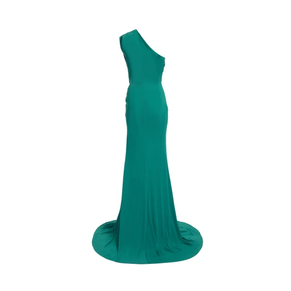 Elie Saab Jersey Long Dress in Green featuring Asymmetrical Draping – Luxury Designer Fashion at Coveti.