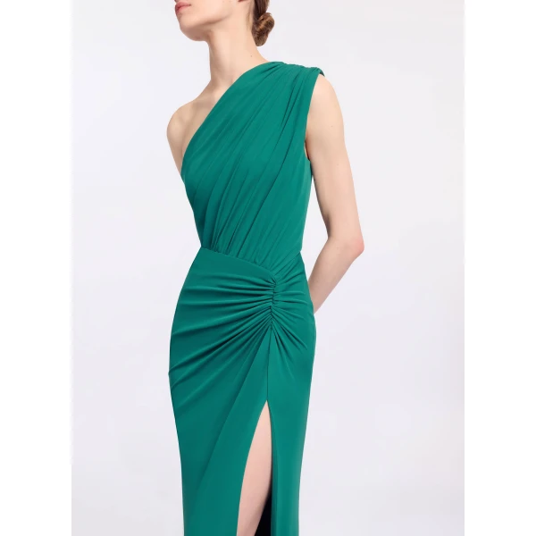 Elie Saab Jersey Long Dress in Green featuring Asymmetrical Draping – Luxury Designer Fashion at Coveti.