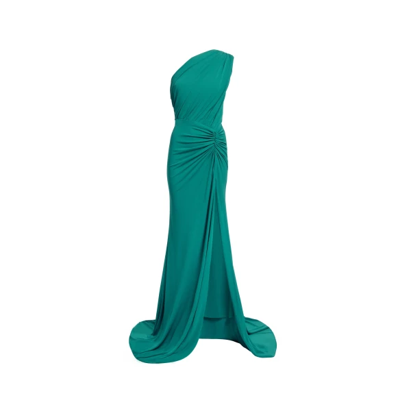 Elie Saab Jersey Long Dress in Green featuring Asymmetrical Draping – Luxury Designer Fashion at Coveti.