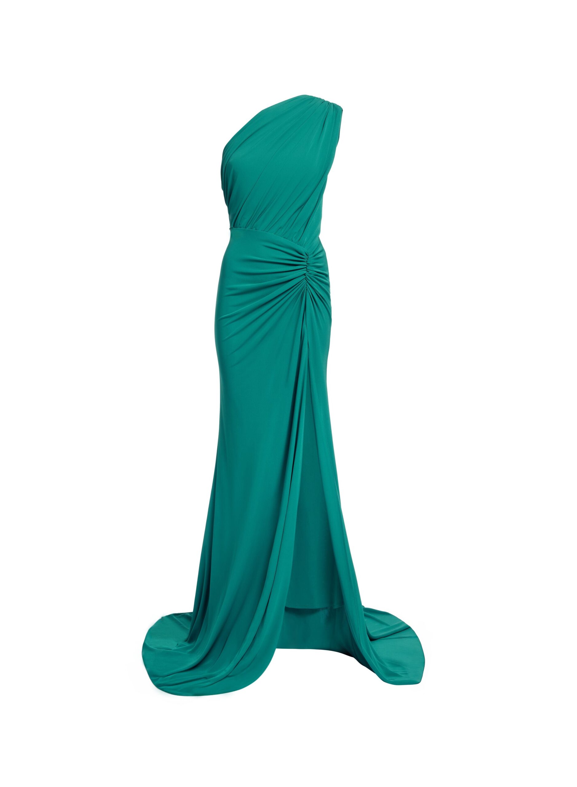 Elie Saab Jersey Long Dress in Green featuring Asymmetrical Draping – Luxury Designer Fashion at Coveti.