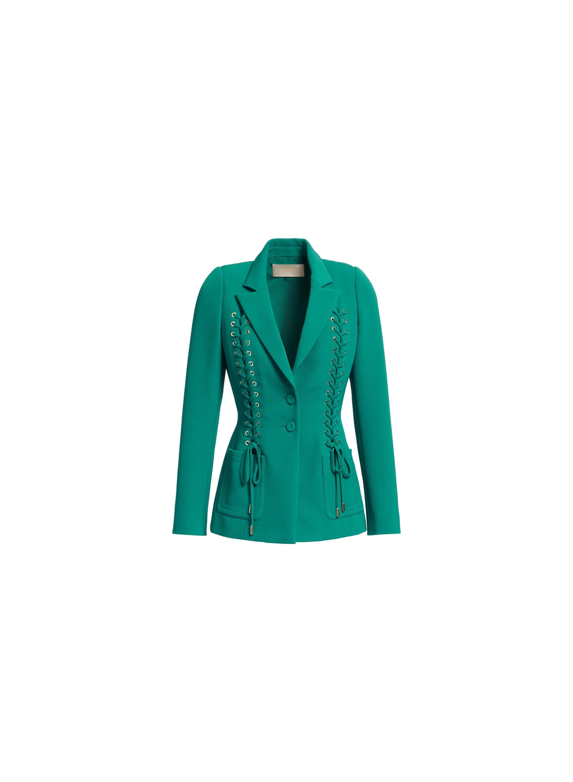 Elie Saab Lace Up Cady Blazer in Green featuring Tailored Collar & Lapel – Luxury Designer Fashion at Coveti.