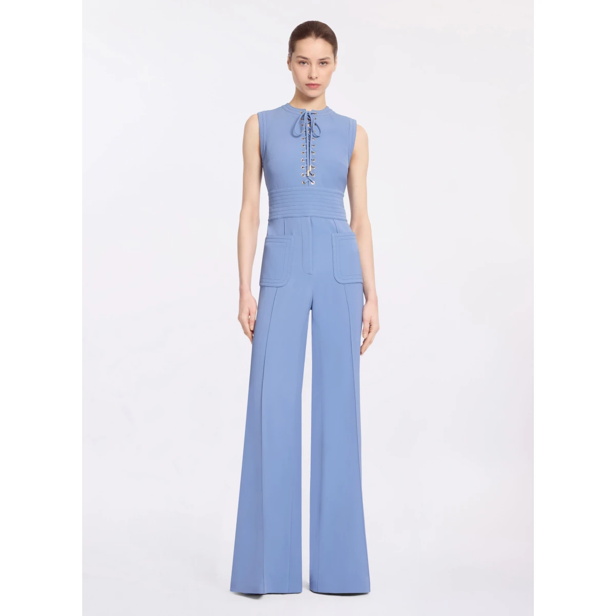 Elie Saab Lace Up Cady Jumpsuit in Blue featuring Top-Stitch Details – Luxury Designer Fashion at Coveti.