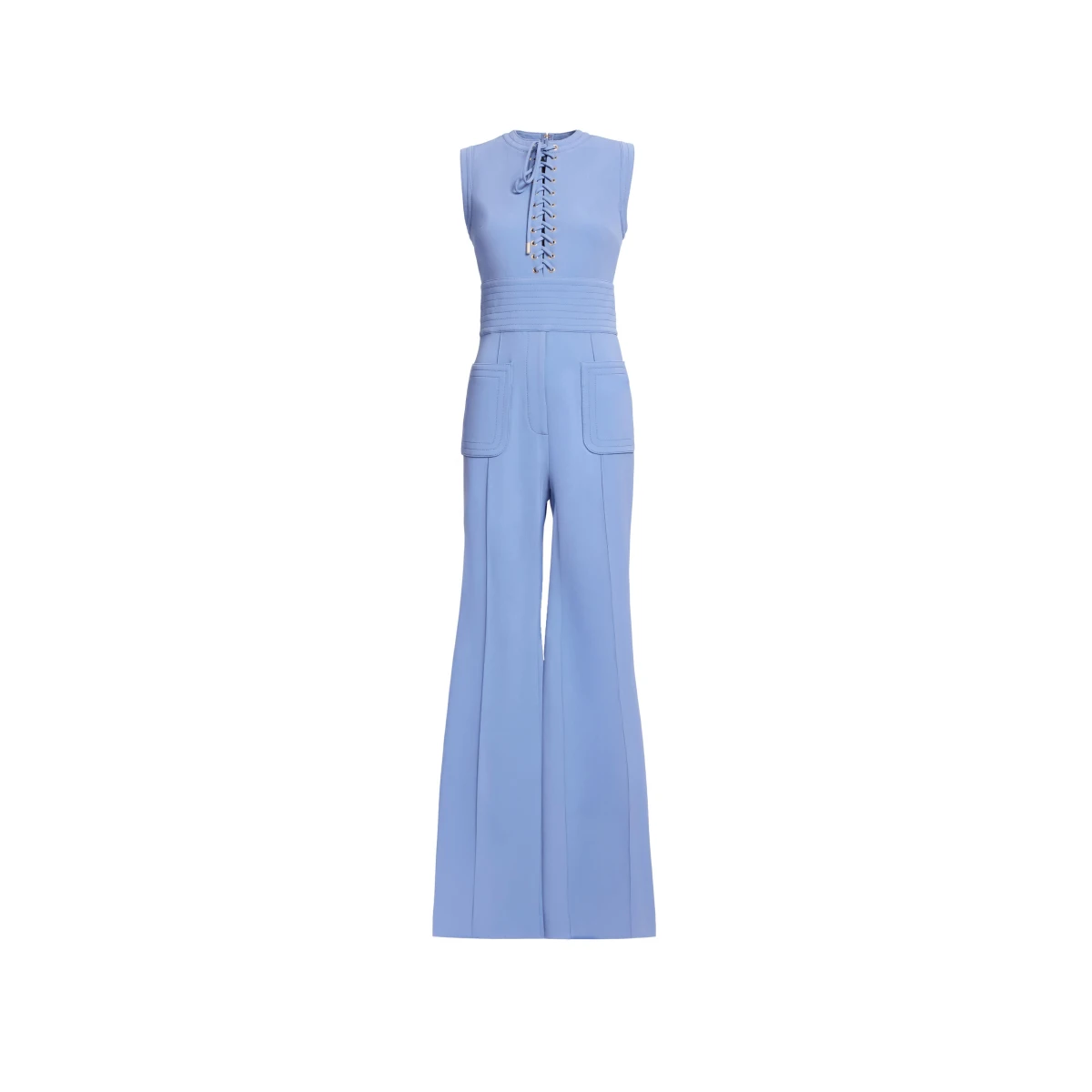 Elie Saab Lace Up Cady Jumpsuit in Blue featuring Top-Stitch Details – Luxury Designer Fashion at Coveti.