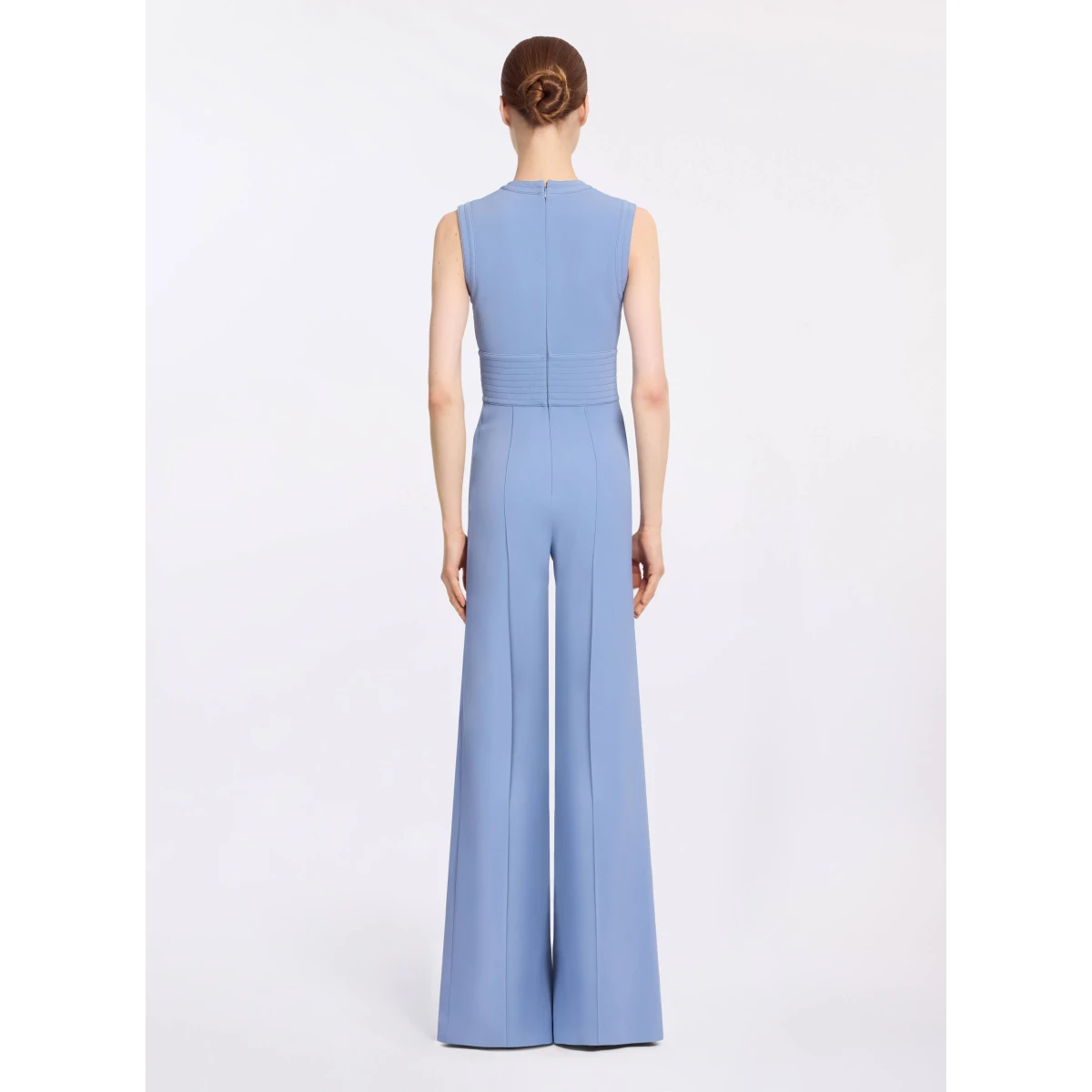 Elie Saab Lace Up Cady Jumpsuit in Blue featuring Top-Stitch Details – Luxury Designer Fashion at Coveti.