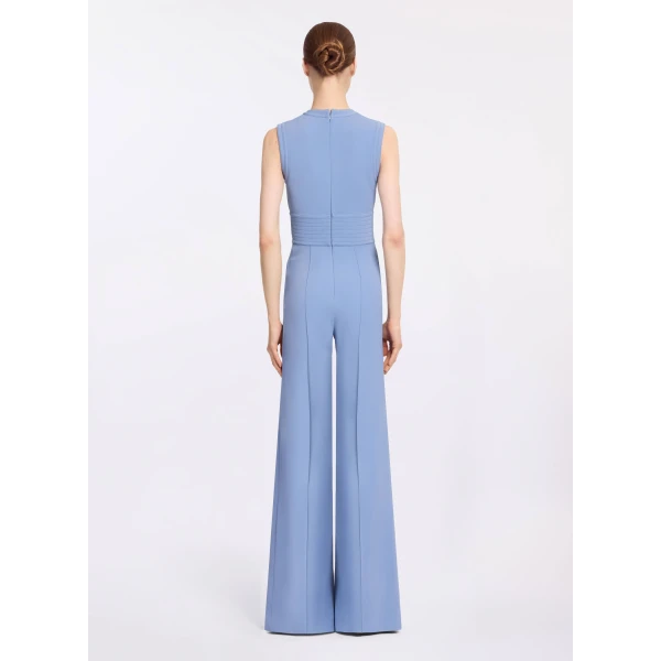 Elie Saab Lace Up Cady Jumpsuit in Blue featuring Top-Stitch Details – Luxury Designer Fashion at Coveti.