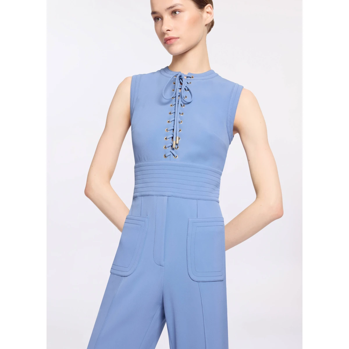 Elie Saab Lace Up Cady Jumpsuit in Blue featuring Top-Stitch Details – Luxury Designer Fashion at Coveti.