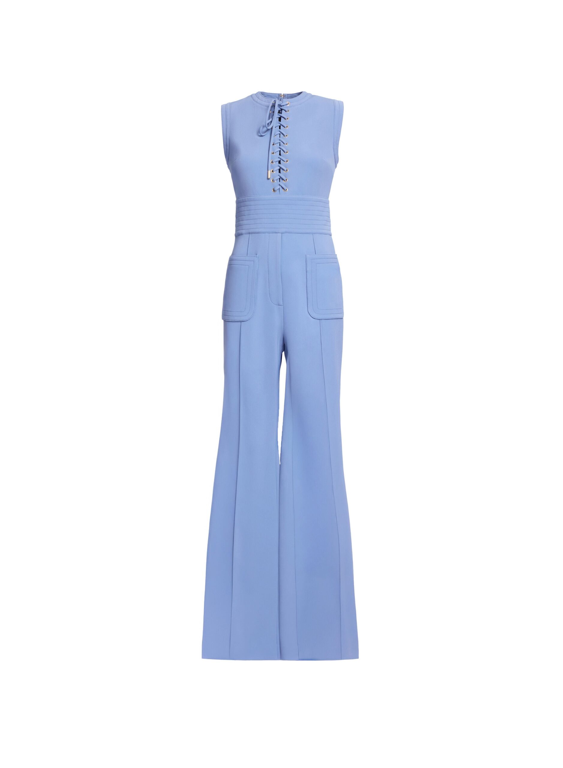Elie Saab Lace Up Cady Jumpsuit in Blue featuring Top-Stitch Details – Luxury Designer Fashion at Coveti.