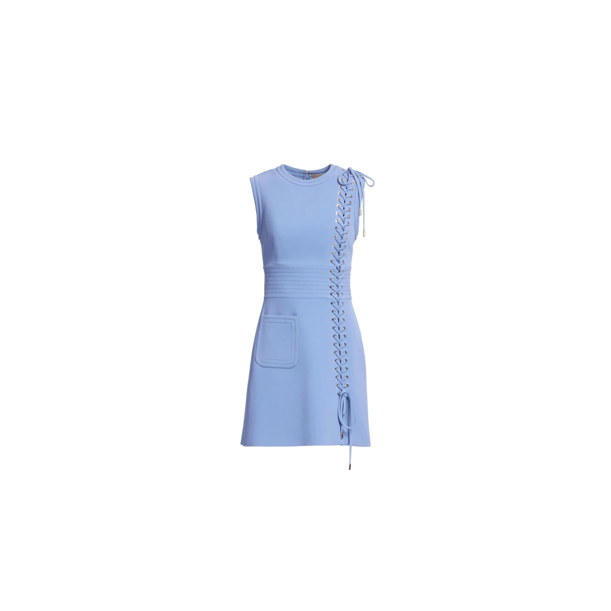 Elie Saab Lace Up Cady Short Dress in Blue featuring Top-Stitch Details – Luxury Designer Fashion at Coveti.