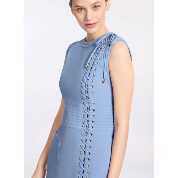 Elie Saab Lace Up Cady Short Dress in Blue featuring Top-Stitch Details – Luxury Designer Fashion at Coveti.