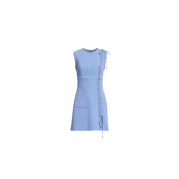 Elie Saab Lace Up Cady Short Dress in Blue featuring Top-Stitch Details – Luxury Designer Fashion at Coveti.