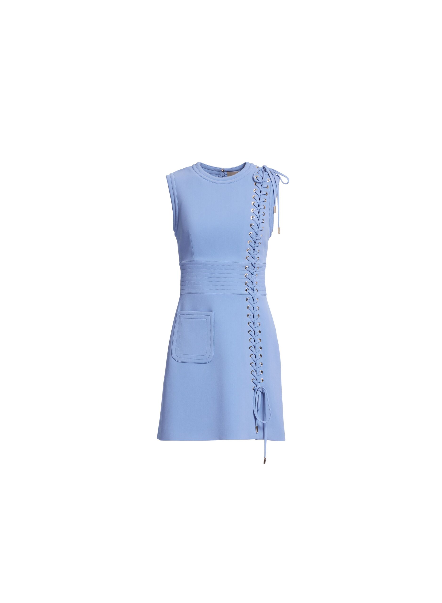 Elie Saab Lace Up Cady Short Dress in Blue featuring Top-Stitch Details – Luxury Designer Fashion at Coveti.