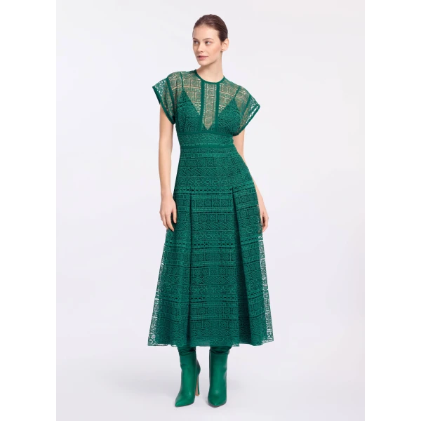 Elie Saab Macramé Midi Dress in Green featuring Round Neck – Luxury Designer Fashion at Coveti.
