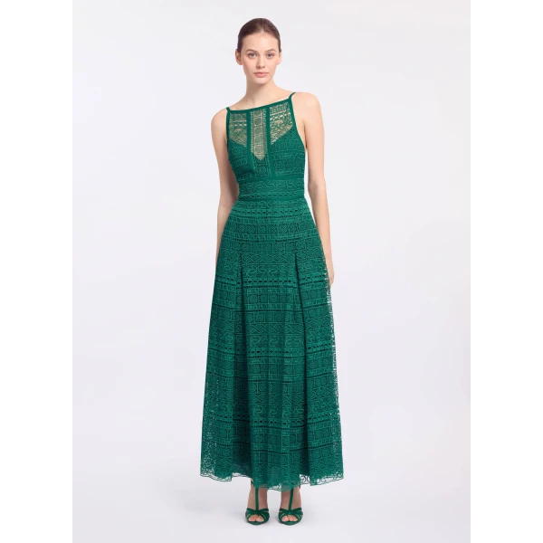 Elie Saab Macramé Midi Dress in Green featuring Square Neck – Luxury Designer Fashion at Coveti.