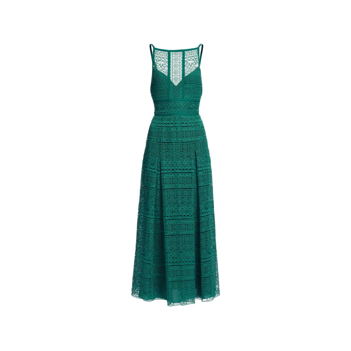 Elie Saab Macramé Midi Dress in Green featuring Square Neck – Luxury Designer Fashion at Coveti.