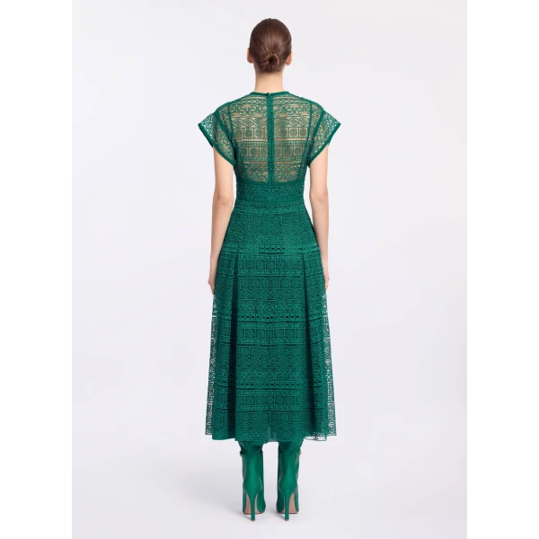 Elie Saab Macramé Midi Dress in Green featuring Round Neck – Luxury Designer Fashion at Coveti.
