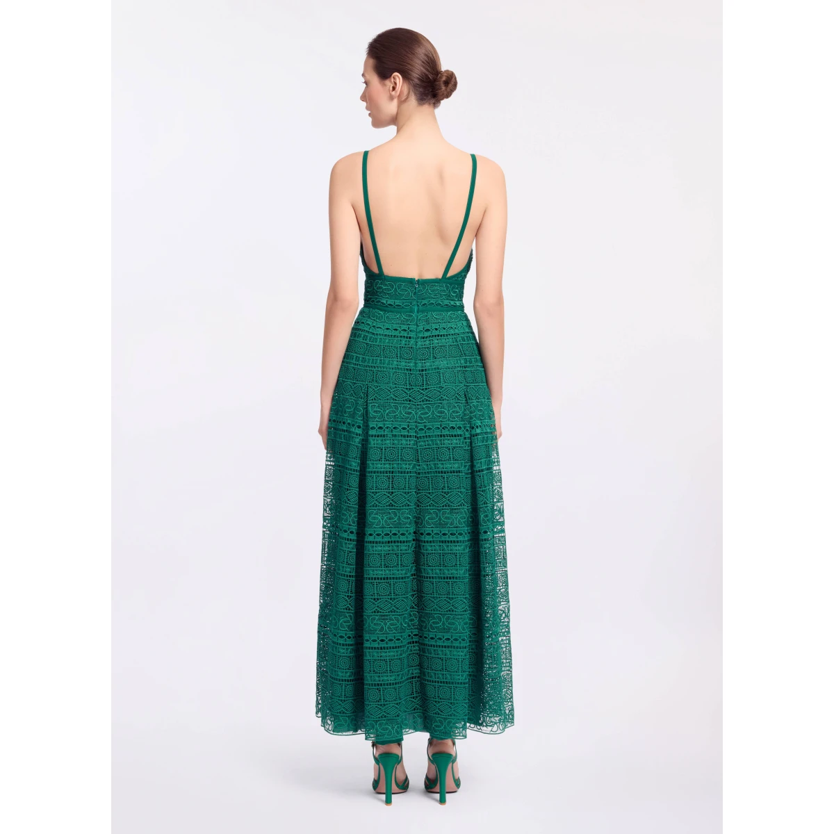 Elie Saab Macramé Midi Dress in Green featuring Square Neck – Luxury Designer Fashion at Coveti.