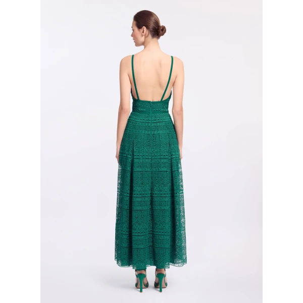 Elie Saab Macramé Midi Dress in Green featuring Square Neck – Luxury Designer Fashion at Coveti.