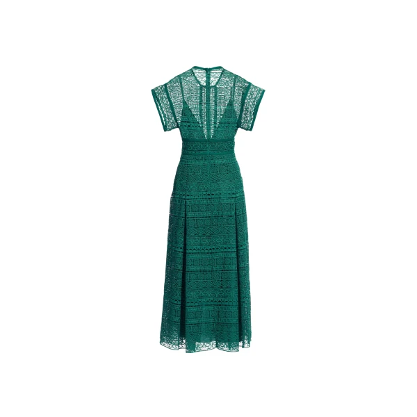 Elie Saab Macramé Midi Dress in Green featuring Round Neck – Luxury Designer Fashion at Coveti.