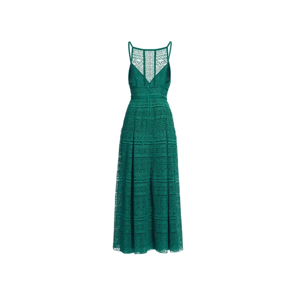 Elie Saab Macramé Midi Dress in Green featuring Square Neck – Luxury Designer Fashion at Coveti.