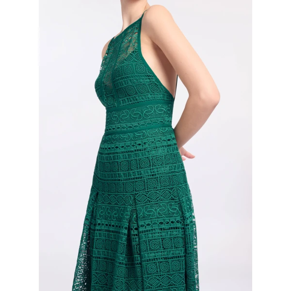 Elie Saab Macramé Midi Dress in Green featuring Square Neck – Luxury Designer Fashion at Coveti.