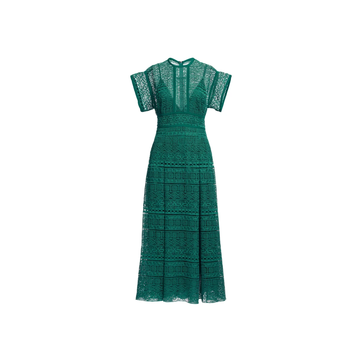 Elie Saab Macramé Midi Dress in Green featuring Round Neck – Luxury Designer Fashion at Coveti.