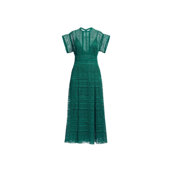 Elie Saab Macramé Midi Dress in Green featuring Round Neck – Luxury Designer Fashion at Coveti.