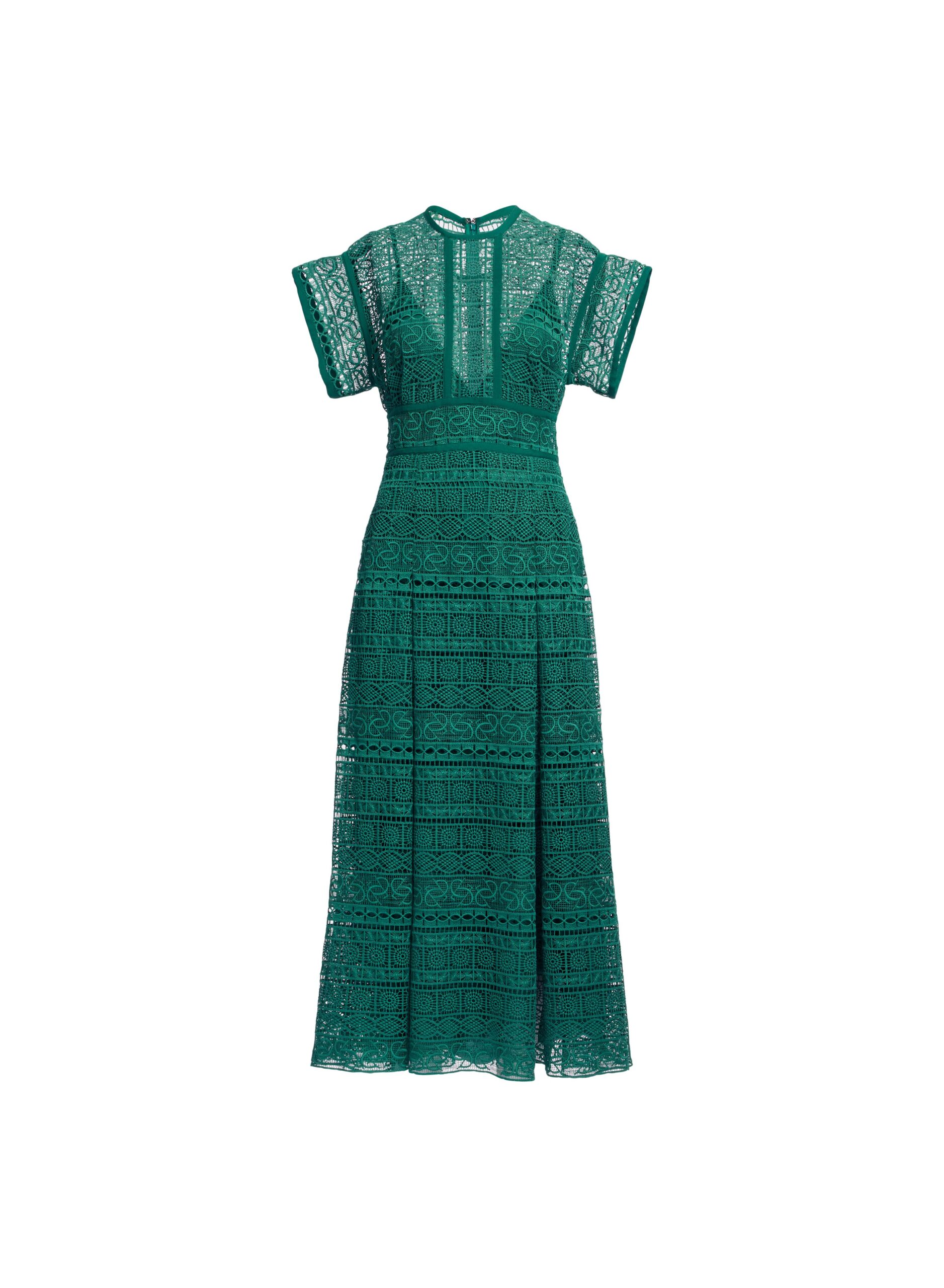 Elie Saab Macramé Midi Dress in Green featuring Round Neck – Luxury Designer Fashion at Coveti.