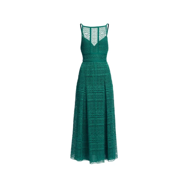 Elie Saab Macramé Midi Dress in Green featuring Square Neck – Luxury Designer Fashion at Coveti.