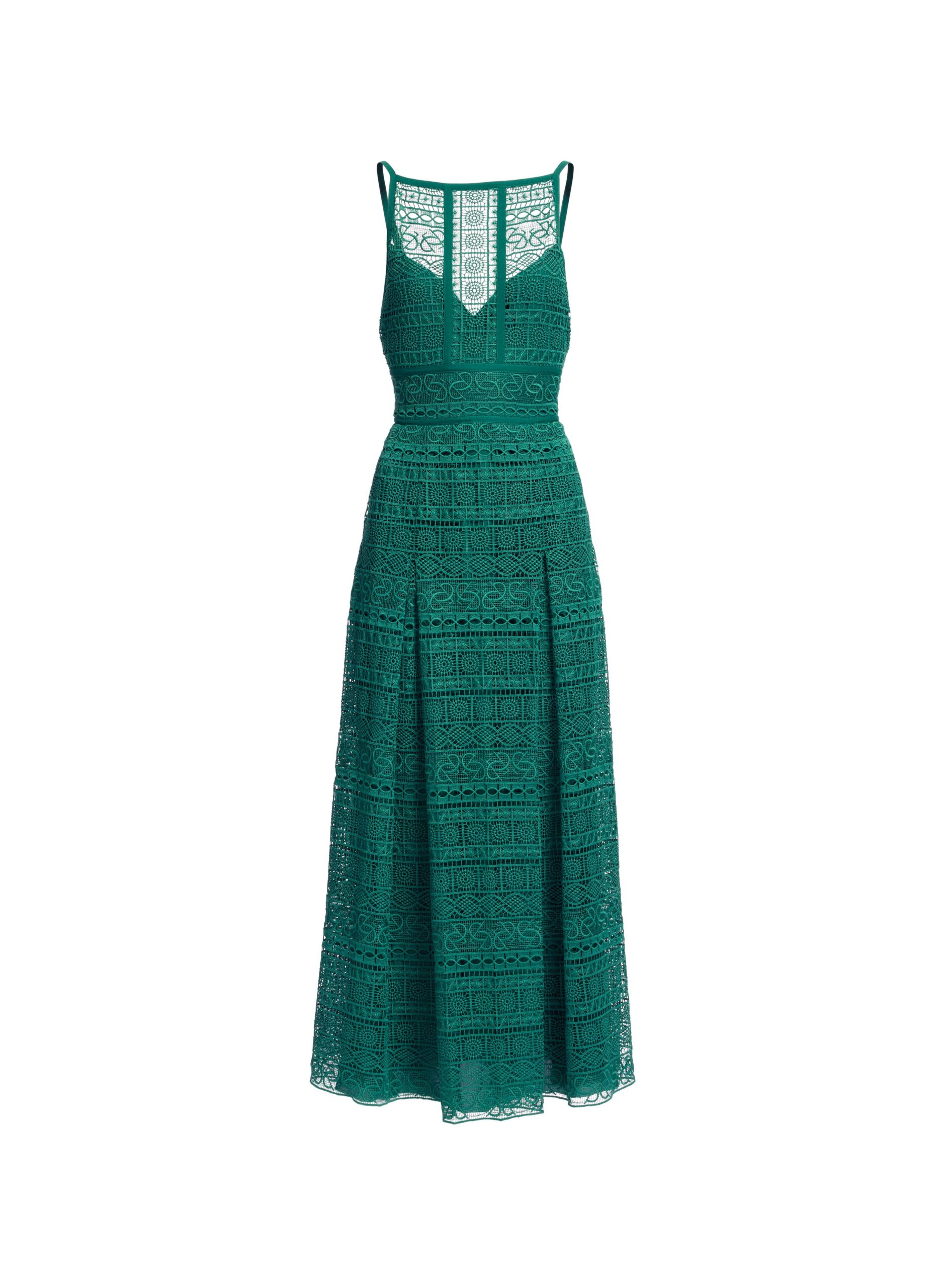 Elie Saab Macramé Midi Dress in Green featuring Square Neck – Luxury Designer Fashion at Coveti.