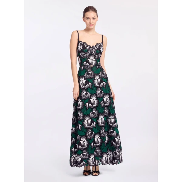 Elie Saab Macramé Midi Dress in Multicolour featuring Scalloped Neckline – Luxury Designer Fashion at Coveti.