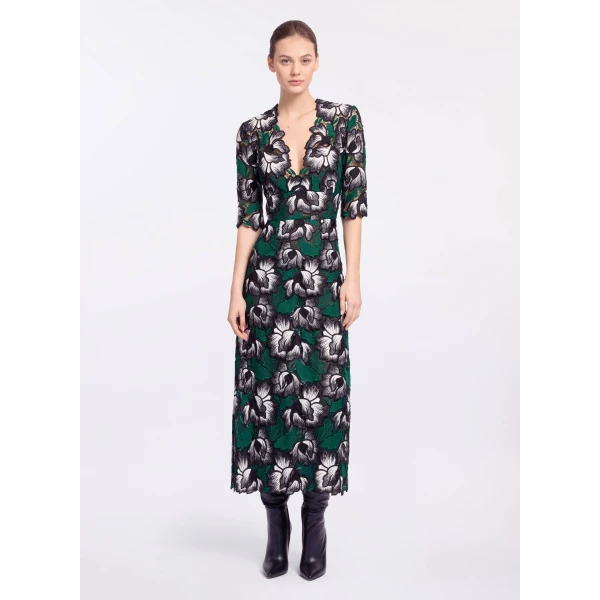 Elie Saab Macramé Midi Dress in Multicolour featuring V-Neck – Luxury Designer Fashion at Coveti.