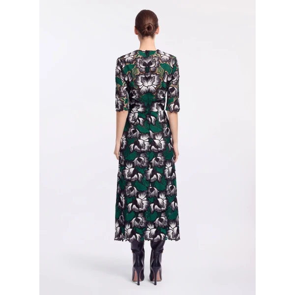 Elie Saab Macramé Midi Dress in Multicolour featuring V-Neck – Luxury Designer Fashion at Coveti.