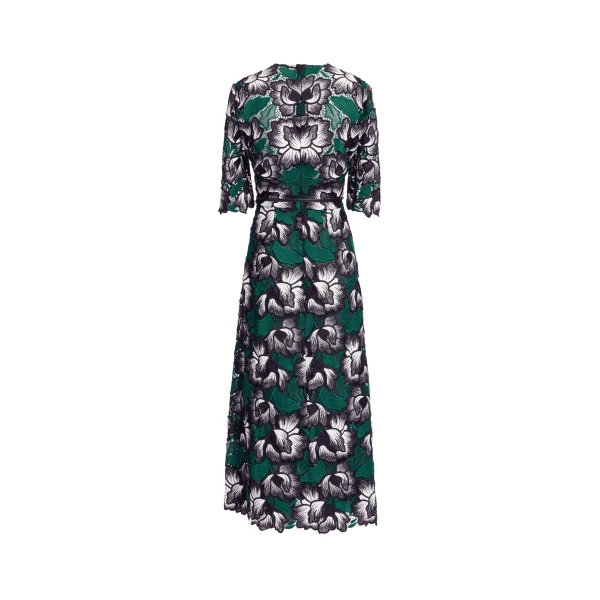 Elie Saab Macramé Midi Dress in Multicolour featuring V-Neck – Luxury Designer Fashion at Coveti.